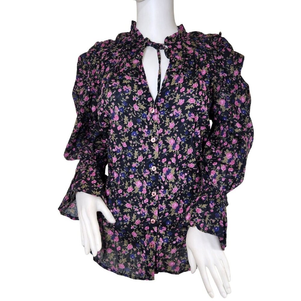 Free People womens Blouse Size S Meant To Be Smocked  Floral Black Combo (20)